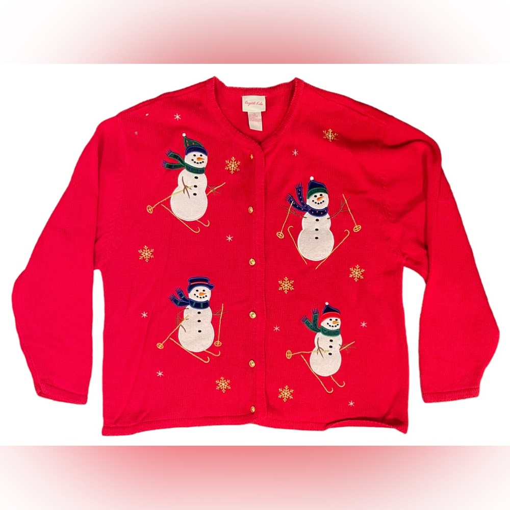 Crystal-Kobe‎ Red Christmas Sweater Snowman Skiing Button Cardigan Holiday XL